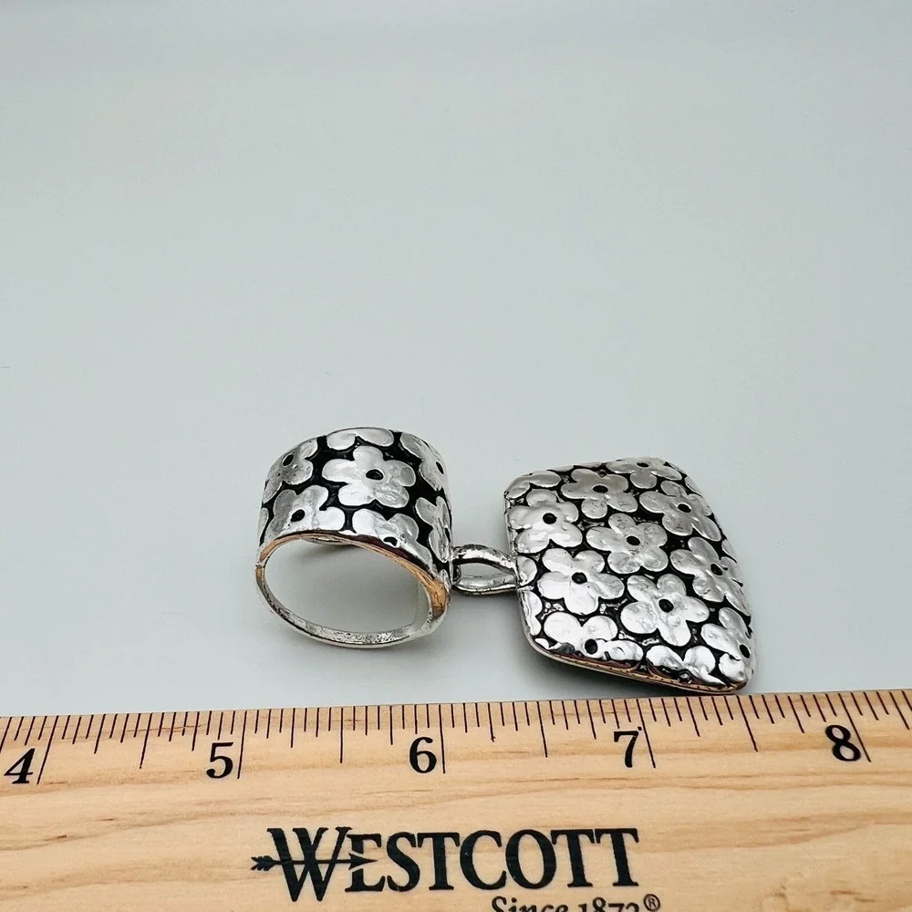 Silver Tone Floral Slide Scarf Enhancer Pendant Hammered Textured Dangle‎